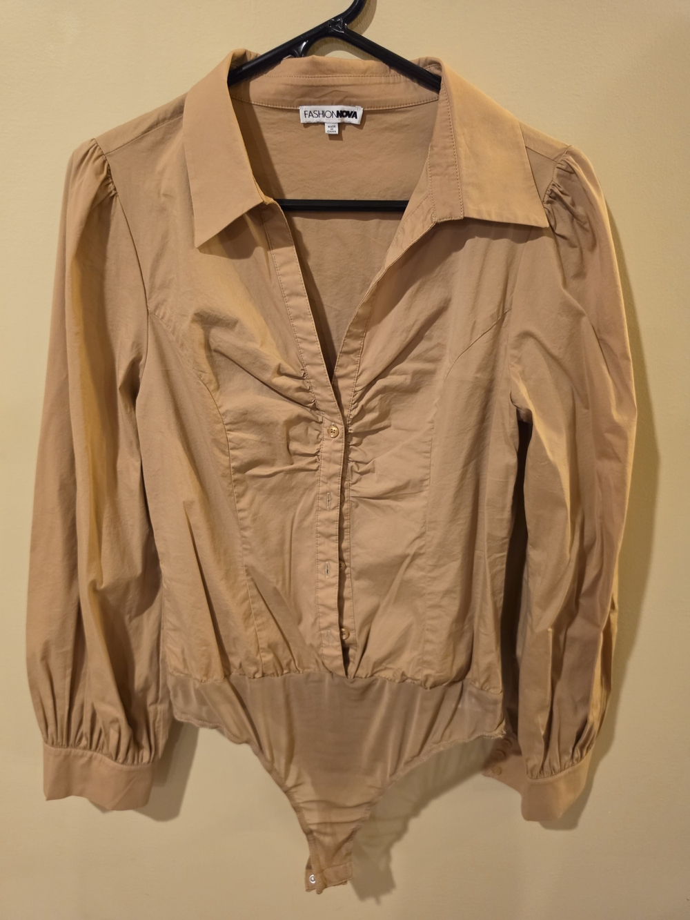 Fashion Nova Tan Button-Front Long Sleeve Bodysuit Shirt